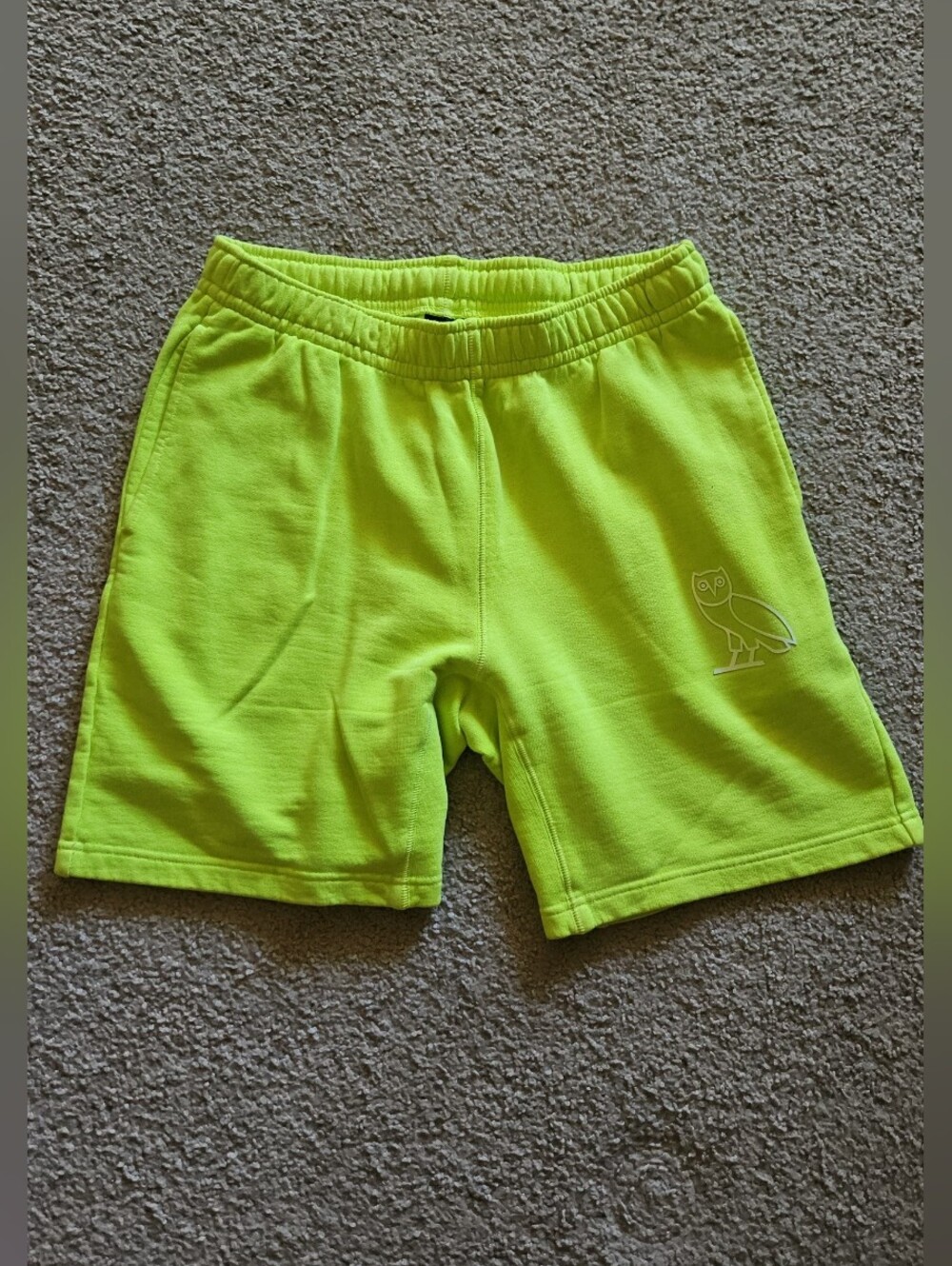 OVO Neon Green White Owl Logo Fleece Shorts